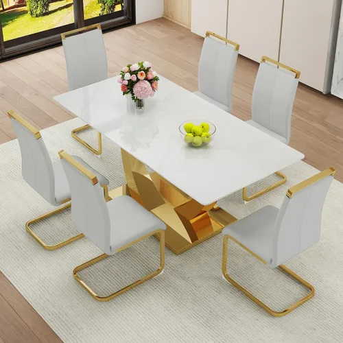 Vista 28 de Juego de Mesa de Comedor Negra para 6, Mesa de Comedor de Mármol Falso de 71" para 6, Juego de Mesa de Cocina Rectangular con Sillas de Cuero PU