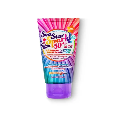 Vista 2 de Sea Star Sparkle Pastel de fiesta Protector solar con purpurina biodegradable SPF 50 para niños Arco iris Amplio espectro UVA/UVB