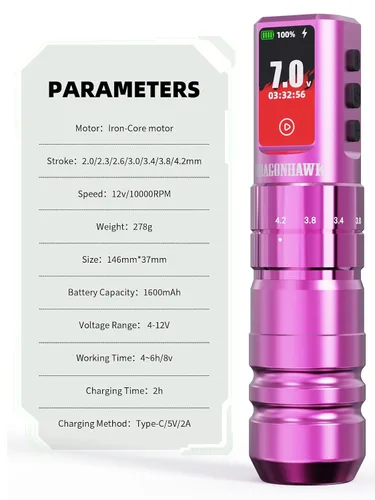 Vista 8 de Dragonhawk Kit de tatuaje inalámbrico A3 Pro, máquina de bolígrafo de 7 Rojo rosa