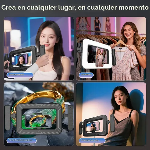 Vista 4 de Aparato de luz de anillo LED para smartphone de mano con control remoto Bluetooth de 20m, mango ergonómico, estabilizador ajustable de 2900K-7000K