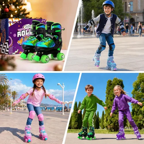 Vista 6 de Nattork Patines de ruedas para niños y niñas, 4 tamaños ajustables, patines cuádruples con lentejuelas y todas las ruedas iluminadas para niños