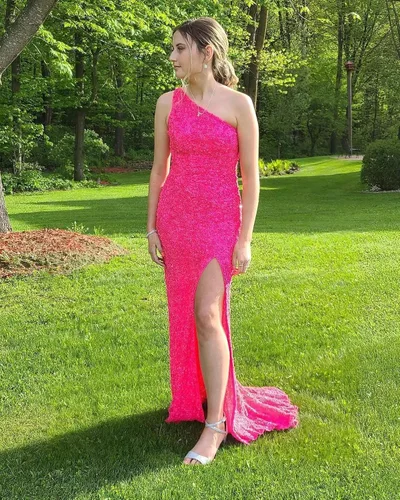 Vista 2 de Rjer One Shoulder Prom Dresses 2023 Sequin Formal Dresses Long Evening Gowns Slit Wedding Party Dresses