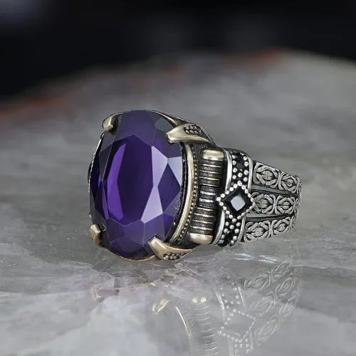 Vista 4 de Anillo de plata de ley 925 con diseño de cadena bizantina con piedra de amatista para hombre, hecho a mano para hombre, anillo de piedra amatista