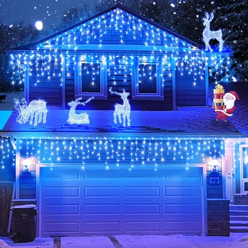 Vista 3 de Luces de Navidad de carámbano para exteriores, 66 pies, 640 luces LED de Navidad azules y blancas, 8 modos con 120 gotas, luz de carámbano
