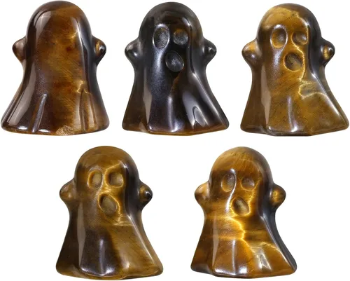 Vista 5 de TUMBEELLUWA 2 figuras de fantasma de Halloween, estatua de cristal tallada, piedra energética, mini escultura coleccionable para decoración