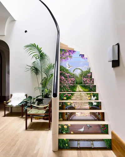 Vista 4 de FLFK Calcomanías para escaleras, calcomanías para escaleras, calcomanías para despegar y pegar, caminos de flores y césped, calcomanías