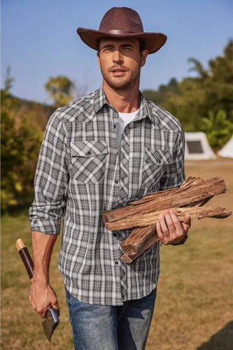 Vista 2 de COOFANDY Camisas vaqueras occidentales para hombre, de manga larga, casual, con botones, con bolsillos