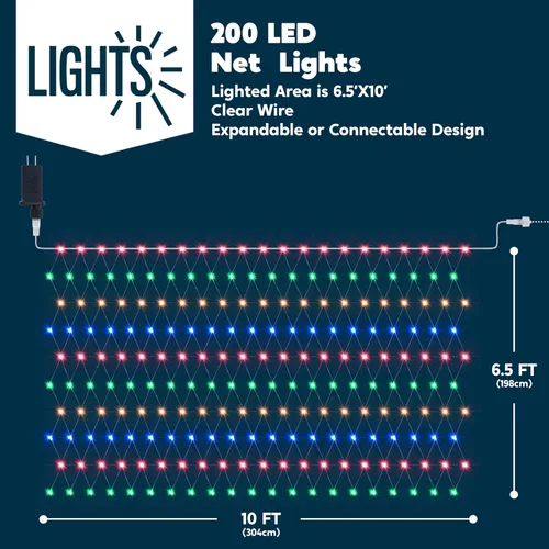 Vista 8 de JOYIN 200 luces LED de red de Navidad, 6.5 x 10 pies, luces de malla de Navidad con 8 modos, conectables, impermeables, para arbustos, árboles