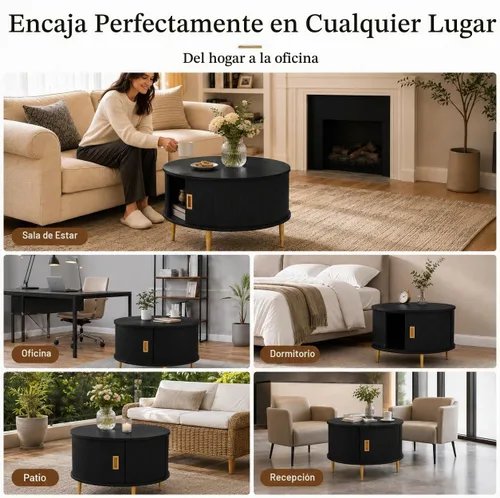 Vista 3 de ARTPOWER - Mesa auxiliar redonda de 31.5 pulgadas con almacenamiento, nogal Acabado de nogal negro