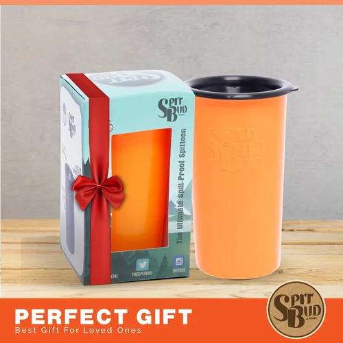 Vista 6 de Spit Bud Escupidera Original Hunter Naranja para Masticar - Taza Portátil con Tapa, Aleta de Apertura, Embudo a Prueba de Derrames - Se Adapta a