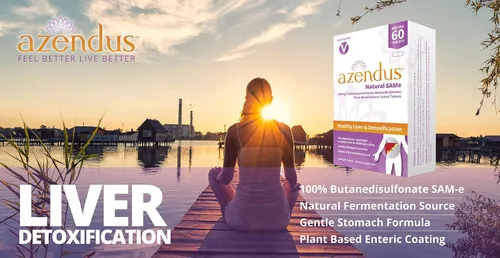 Vista 4 de Azendus SAM-e 400 mg o 200 mg, hígado, natural mismo, 60 unidades, envasado en ampolla, butanodisulfonato de grado farmacéutico, fórmula suave
