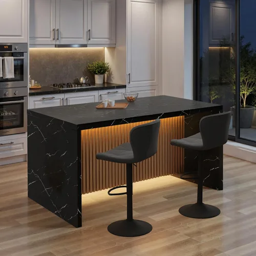 Vista 5 de Mesa de comedor rectangular grande y moderna de 67 pulgadas para 4-6 personas, mesa de isla de mármol de imitación con luces LED para cocina