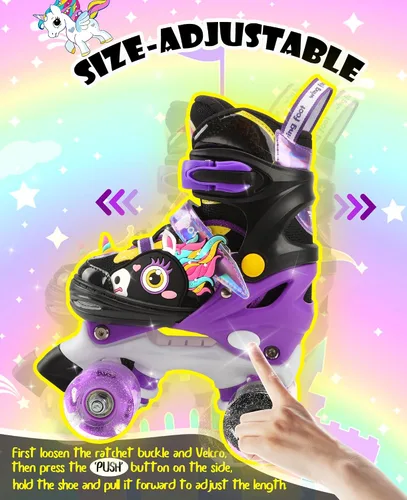Vista 6 de Dino - Patines de ruedas para niños y niñas, WESKIFAN Dinosaur Quad Skating Shoes con ruedas brillantes y tamaños ajustables para principiantes