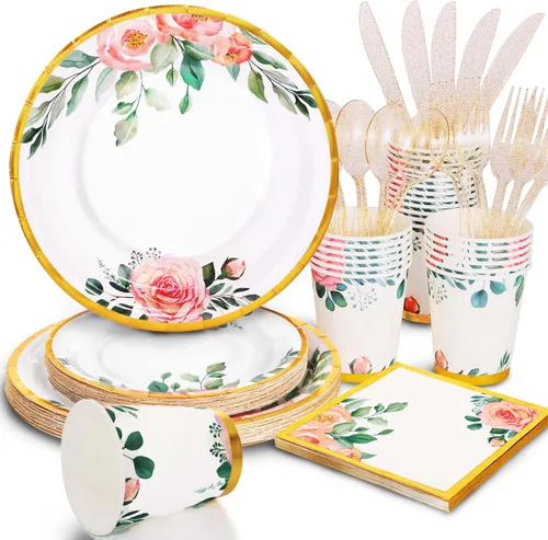Vista 12 de Decoraciones para Baby Shower Girl - Juego de platos, tazas y servilletas para baby shower, sirven 24, platos festoneados florales rosas
