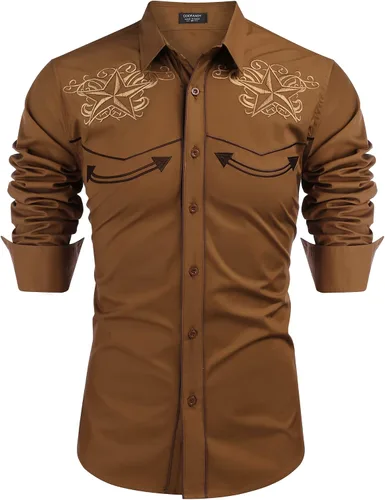 Vista 13 de COOFANDY Camisa occidental para hombre de manga larga con bordados, camisa de vaquero casual con botones café (01-Coffee(Pattern1))