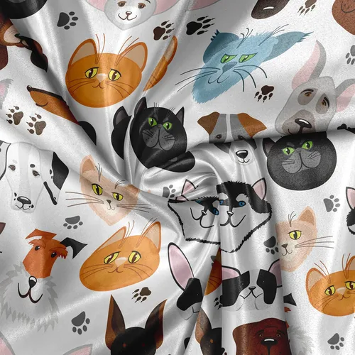 Vista 4 de Lunarable Tela de animales de The Yard, caras de gato y perro, mejores amigos, Bulldog Beagle, Labrador, Calico Kitty impresión, tela de satén