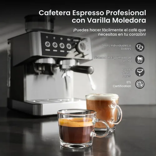 Vista 3 de Kismile Máquinas de Espresso de 15 Bar con Molinillo, Cafetera de Espresso Profesional con Tanque de Agua Extraíble, Espumador de Leche con Varilla