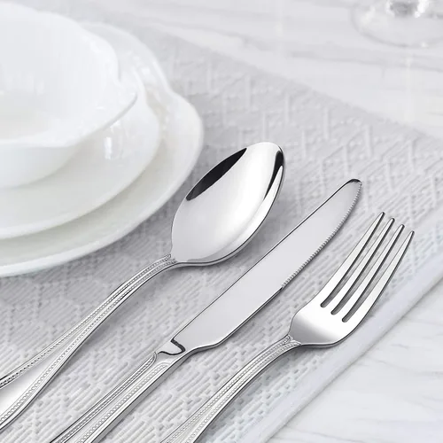 Vista 5 de Juego de cubiertos de 20 piezas, HaWare cubiertos de acero inoxidable servicio para 4, vajilla con borde perlado incluye cuchillo/tenedor/cuchara