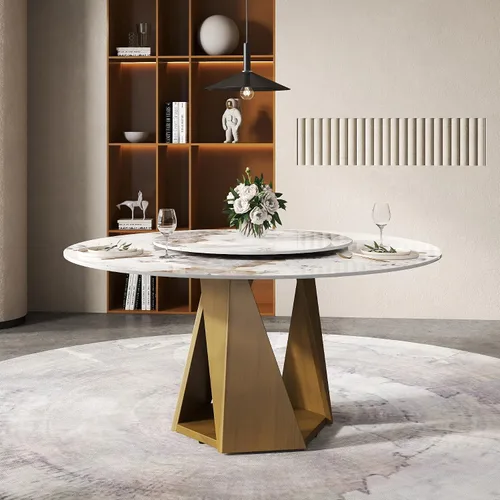Vista 14 de Montary Mesa de comedor redonda moderna de mármol artificial de 59 pulgadas con base de metal de latón antiguo y tocadiscos de piedra sinterizada
