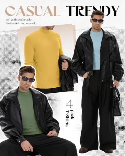 Vista 6 de Paquete de 4 Camisas de Cuello Alto Simulado para Hombre, Suéter Pullover Térmico de Manga Larga, Camiseta Interior Casual de Ajuste Holgado