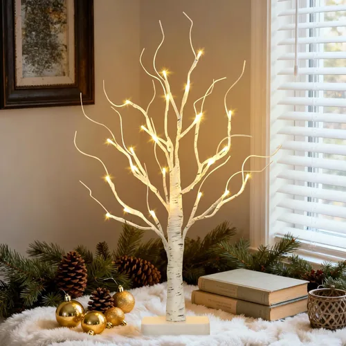Vista 8 de PABIPABI Árbol de Abedul Iluminado, Árbol de Navidad de 22'' con 24 LED, Centro de Mesa Árbol Artificial con Luces Alimentado por Batería