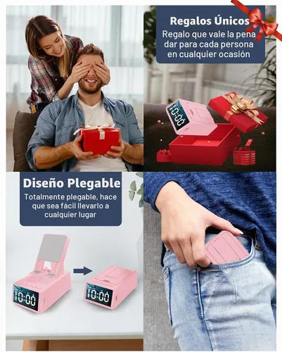 Vista 7 de Regalos de cumpleaños para mujeres, soporte de teléfono con altavoz Bluetooth con sonido y reloj HD, soporte inalámbrico ajustable para teléfono Rosa