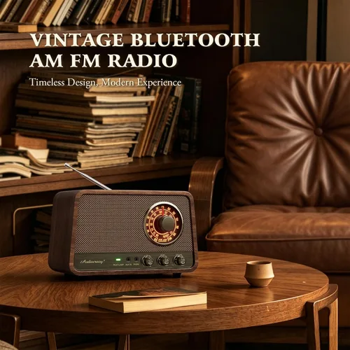 Vista 10 de Radio Bluetooth AM FM de madera vintage, sonido potente de 10 W