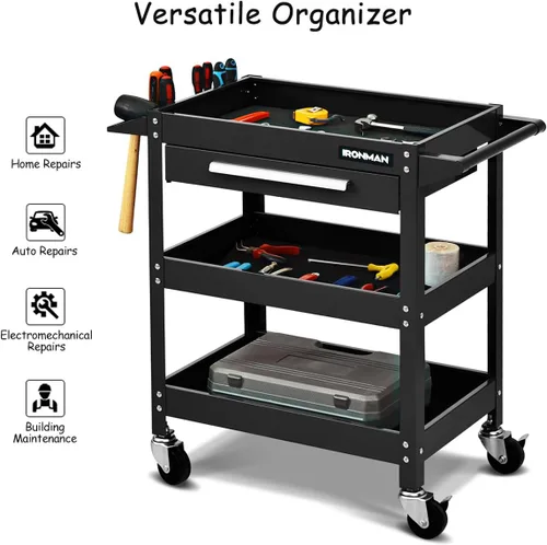 Vista 7 de IRONMAX Cofre de herramientas de 3 niveles, carrito de servicio industrial resistente con cajón y ruedas, organizador de caja de herramientas Negro