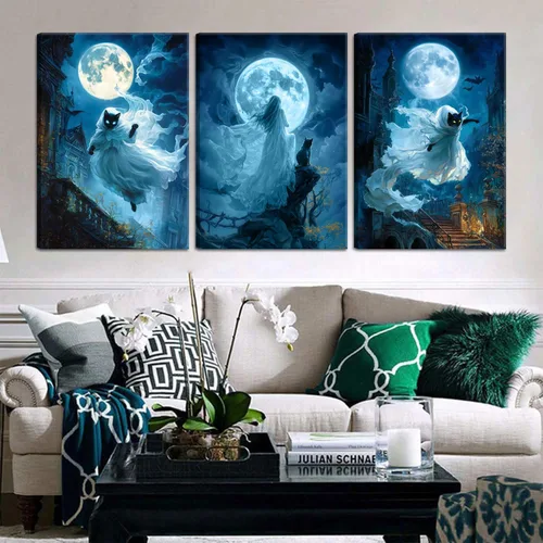 Vista 5 de 3 piezas de lienzo de bruja fantasma de Halloween, arte de pared espeluznante y espeluznante melancolía, fantasma azul, gato negro, decoración