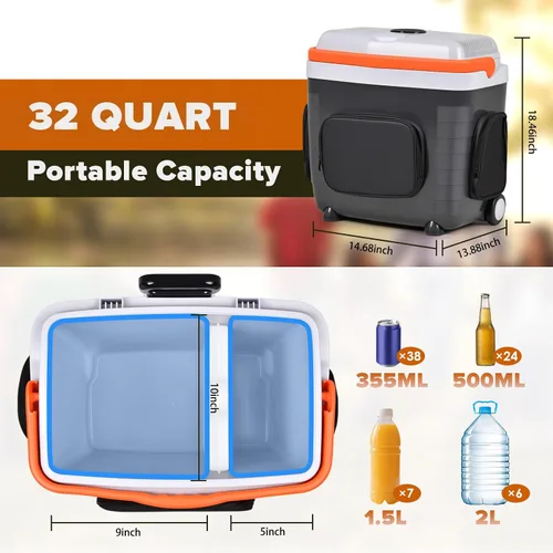 Vista 2 de Kikihuose Refrigerador de Coche de 12V 32 Qt (30L) Enfriador/Calentador Eléctrico con Bolsillos, Divisor de Paquete de Hielo, Tapa Extraíble