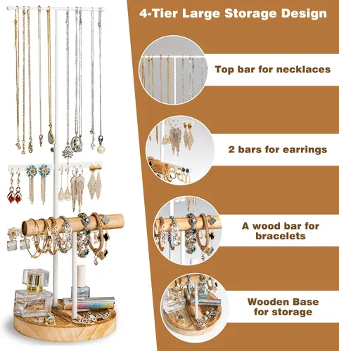 Vista 4 de Becko - Soporte de joyería de 4 niveles, organizador de platos para aretes, soporte para árbol de joyería, con bandeja para anillos de paulownia