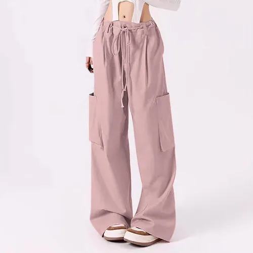 Vista 2 de oelaio Pantalones cargo para mujer, cintura alta, ropa de calle, con bolsillo, pantalones de paracaídas, pantalones holgados casuales, ropa de calle