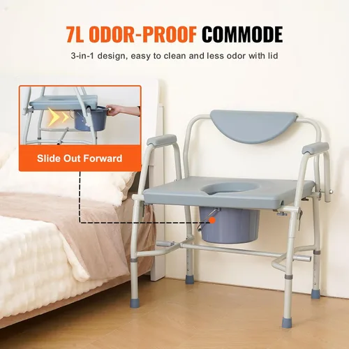 Vista 7 de VEVOR - Asiento elevado para inodoro, altura ajustable con 5 niveles, diseño de brazo abatido, respaldo desmontable, cubo fácil de limpiar de 7L