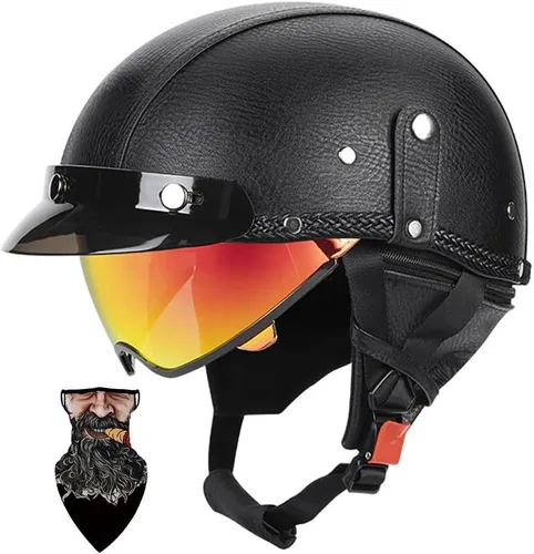 Vista 17 de Cascos Moto Retro Jet Vintage Medio, DOT Homologado Visera Retráctil PC y Hebilla Rápida, Desmontable para Hombre Mujer Adultos, Scooter Crucero