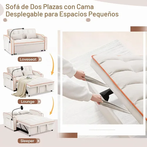 Vista 5 de Antetek Sofá cama con puerto USB y tipo C, moderno sofá biplaza convertible 3 en 1 de terciopelo extraíble con soporte para teléfono/portavasos
