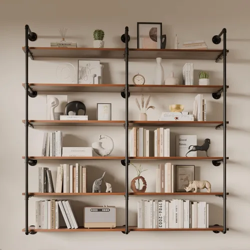 Vista 19 de Estante industrial de tubo de hierro de 5 niveles, estantería de tubo de 48 pulgadas con tablón de madera maciza, estantes abiertos para libros