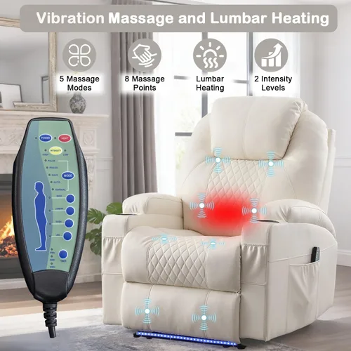 Vista 3 de Silla reclinable eléctrica con calor y masaje para adultos, asiento reclinable eléctrico de cine en casa con luces LED, portavasos, bolsillo