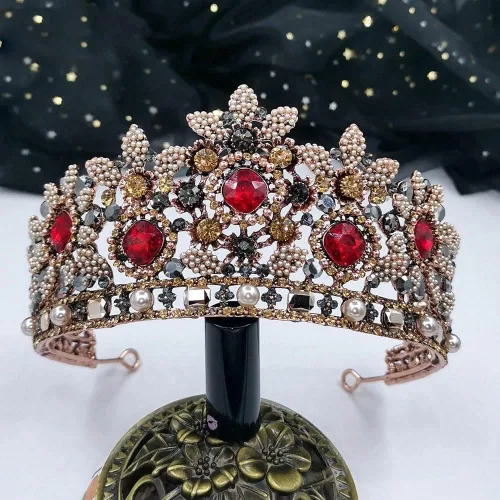Vista 3 de hair jewelry crown tiaras for women Wedding Tiaras and Crowns Red Rhinestone Bridal Hair Jewelry Retro Crystal Women Headpiece Baroque Headdband