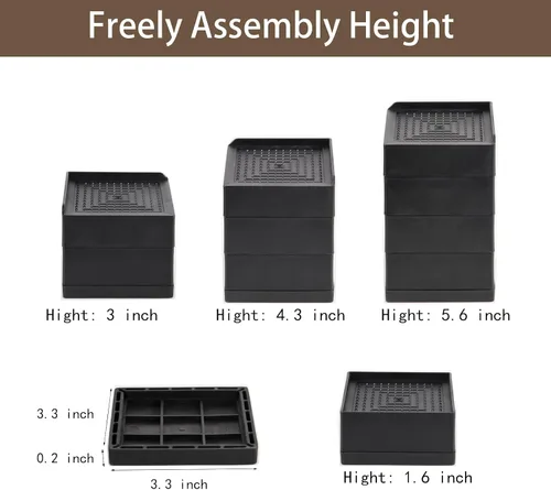 Vista 2 de Elevadores de muebles ajustables resistentes, elevadores de cama a 1.5, 3 y 4 pulgadas, paquete de 8, elevadores de escritorio para sofá, cama