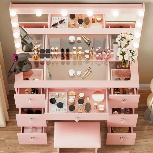 Vista 3 de VOWNER Tocador con espejo iluminado: escritorio de maquillaje con parte superior de vidrio con 7 cajones y toma de corriente, 3 modos de iluminación