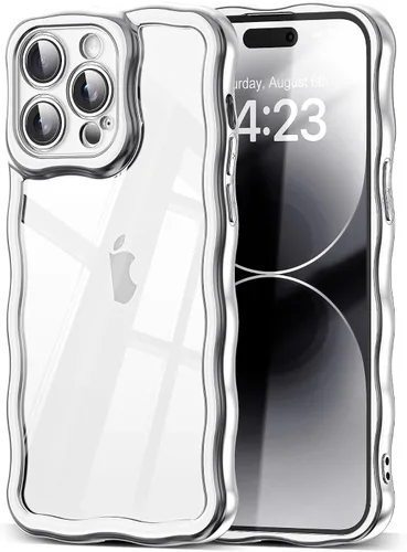 Vista 128 de SKYLMW Funda compatible con iPhone 12 Pro, diseño de ondas rizadas kawaii, borde chapado de lujo, elegante parte trasera transparente brillante, TPU