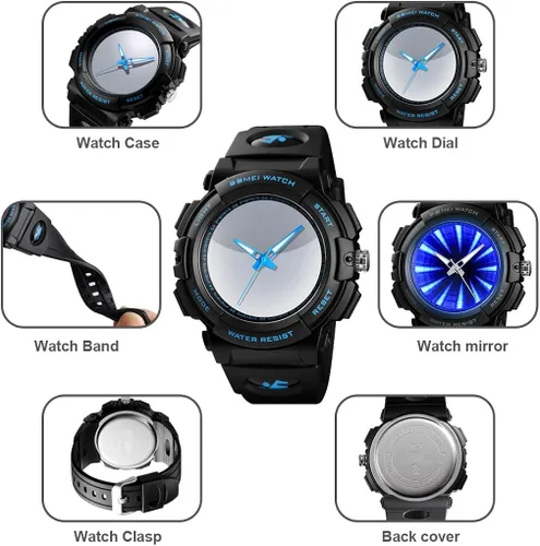 Vista 7 de PASOY Mens Cool Digital Watch LCD Backlight Black Square Stainless Steel Red Rubber Strap Sport Watches