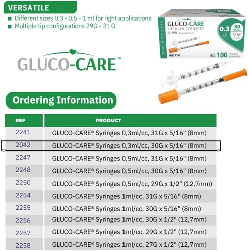 Vista 8 de GLUCO-CARE - Jeringas de 0.3 ml/cc, 30G x 5/16’’ (8mm), tapa naranja, 100/caja