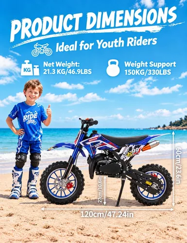 Vista 2 de 50cc 2-Stroke Dirt Bike for Kids 6-14 - 30MPH Gas Powered Mini Motorcycle Blue