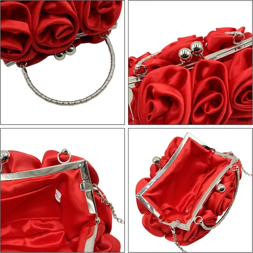 Vista 4 de RARITYUS Bolso de noche para mujer con forma de rosa de satén sedoso con elegante asa de metal para fiesta, boda