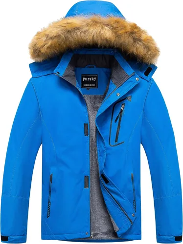 Vista 14 de Pursky Chaqueta de esquí impermeable para hombre, abrigos de nieve de invierno, abrigos con capucha de piel, parka