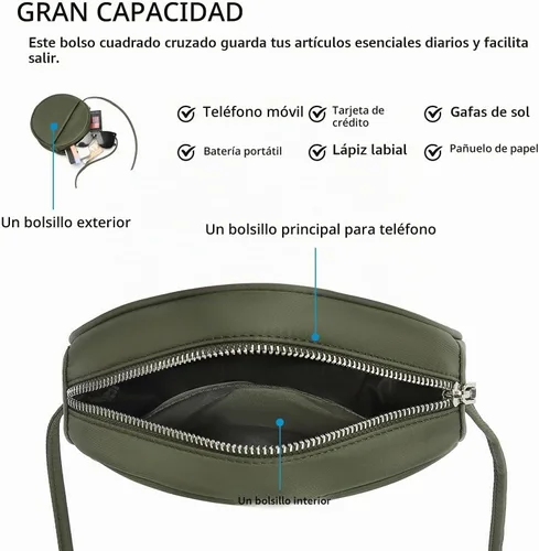 Vista 5 de Bolso circular para mujer, bolso cruzado redondo con cremallera Verde militar/nailon