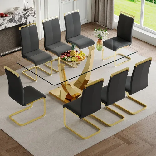 Vista 22 de Juego de mesa de comedor de cristal de 63 pulgadas para 4, mesa de comedor para 4, mesa de comedor con patas y base de acero inoxidable, sillas