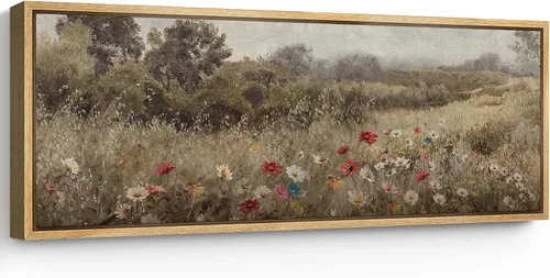 Vista 23 de SIGNFORD Lienzo enmarcado extragrande para pared, diseño de flores silvestres, paisaje, campo escénico con flores florecientes, ilustraciones