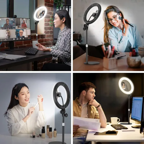 Vista 2 de Anillo de luz de escritorio de 10 pulgadas con soporte, iluminación de zoom con soporte para teléfono para computadora, videollamadas, conferencias